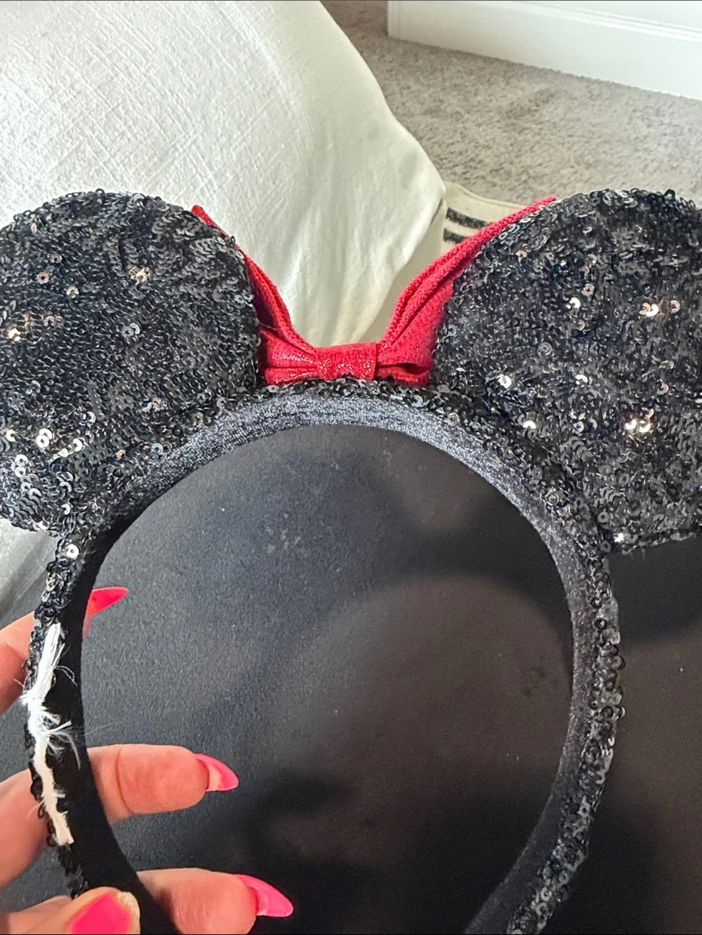 Disney Black Sequin Minnie Ears Headband with Red Bow